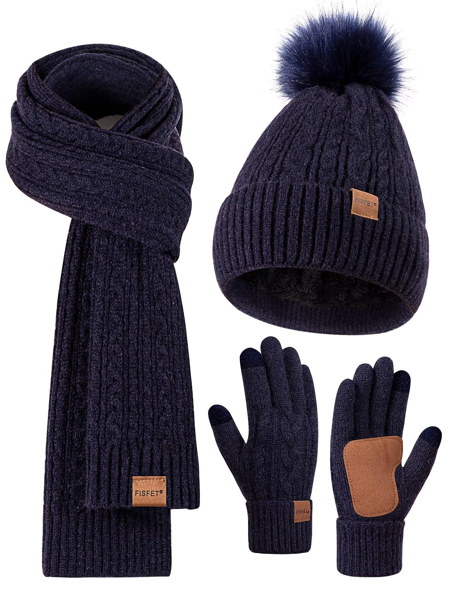 Winter Beanie Hat Scarf Gloves Set for Women, Pom Pom Beanie Fleece Lined Knit Neck Warmer Touchscreen Gloves 3 in 1 Gift Set